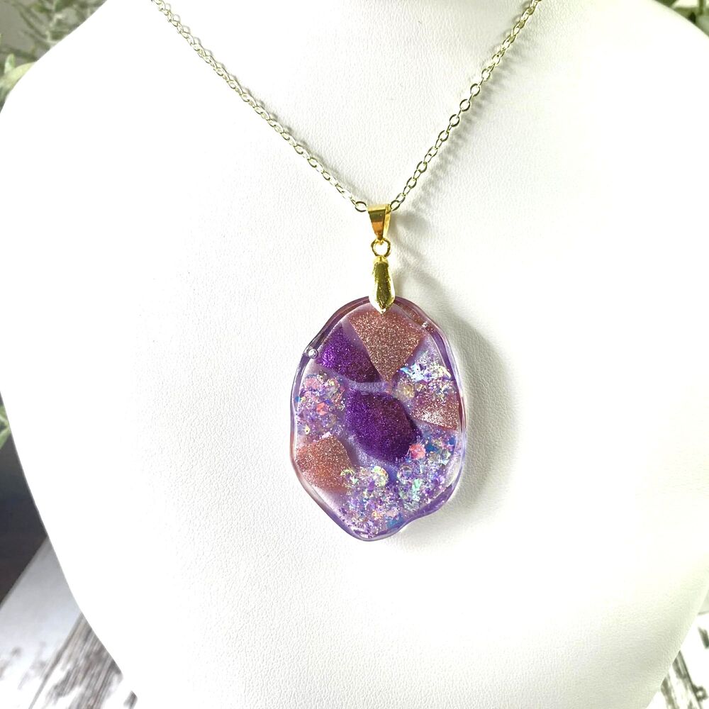 Handmade Purple Resin Pendant Necklace  | Sparkle Mosaic Jewelry